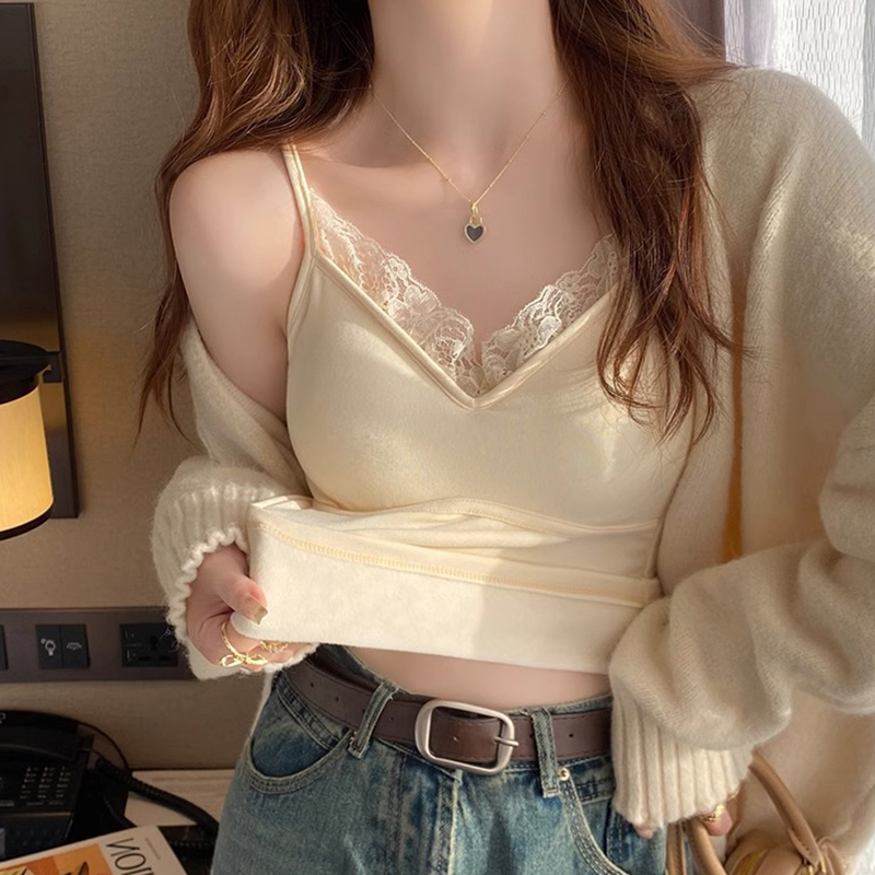 蕾丝吊带内搭背心女带胸垫一体秋冬保暖2024新款磨毛修身打底上衣