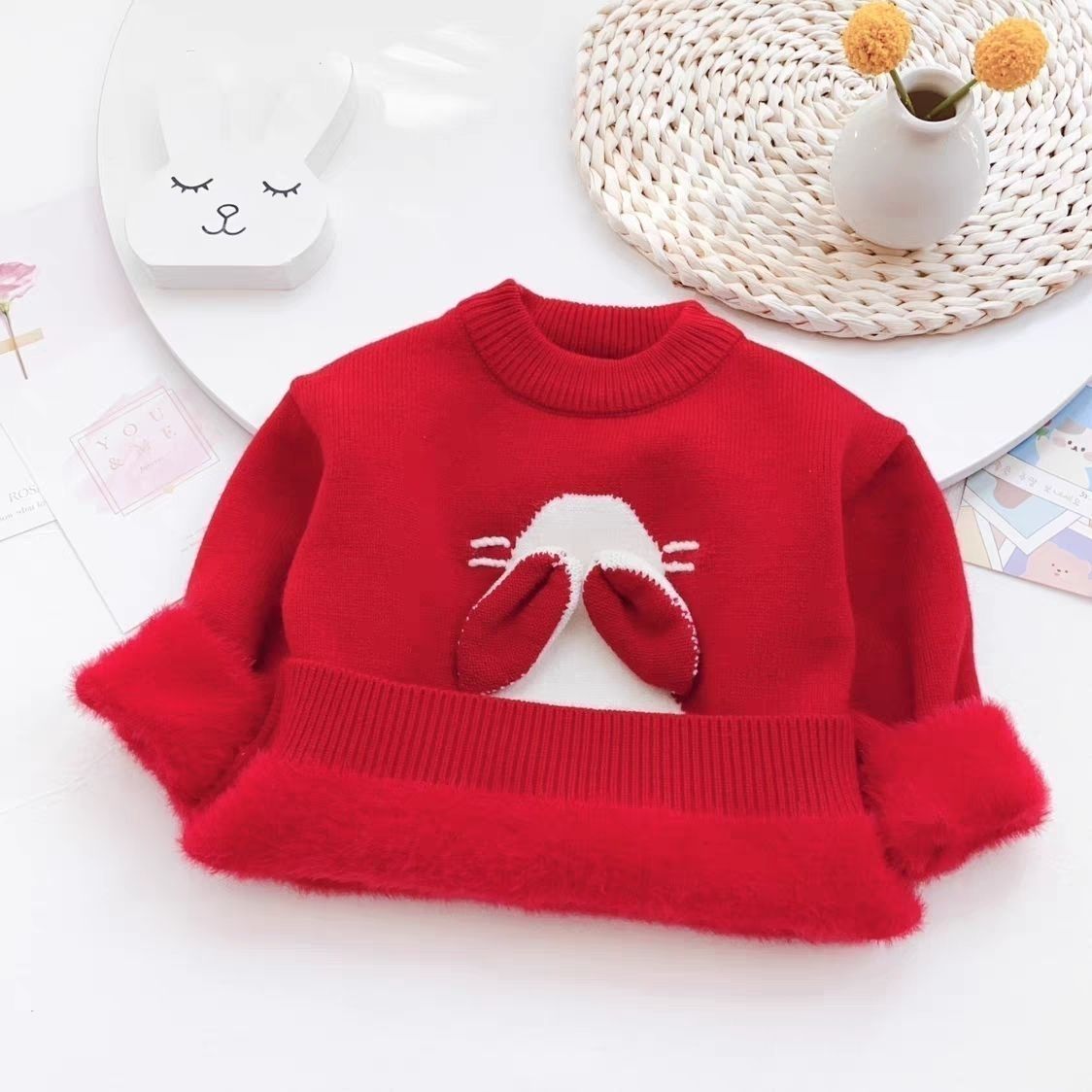 女童一体绒毛衣兔子红色秋冬冬装加绒儿童款宝宝针织加厚