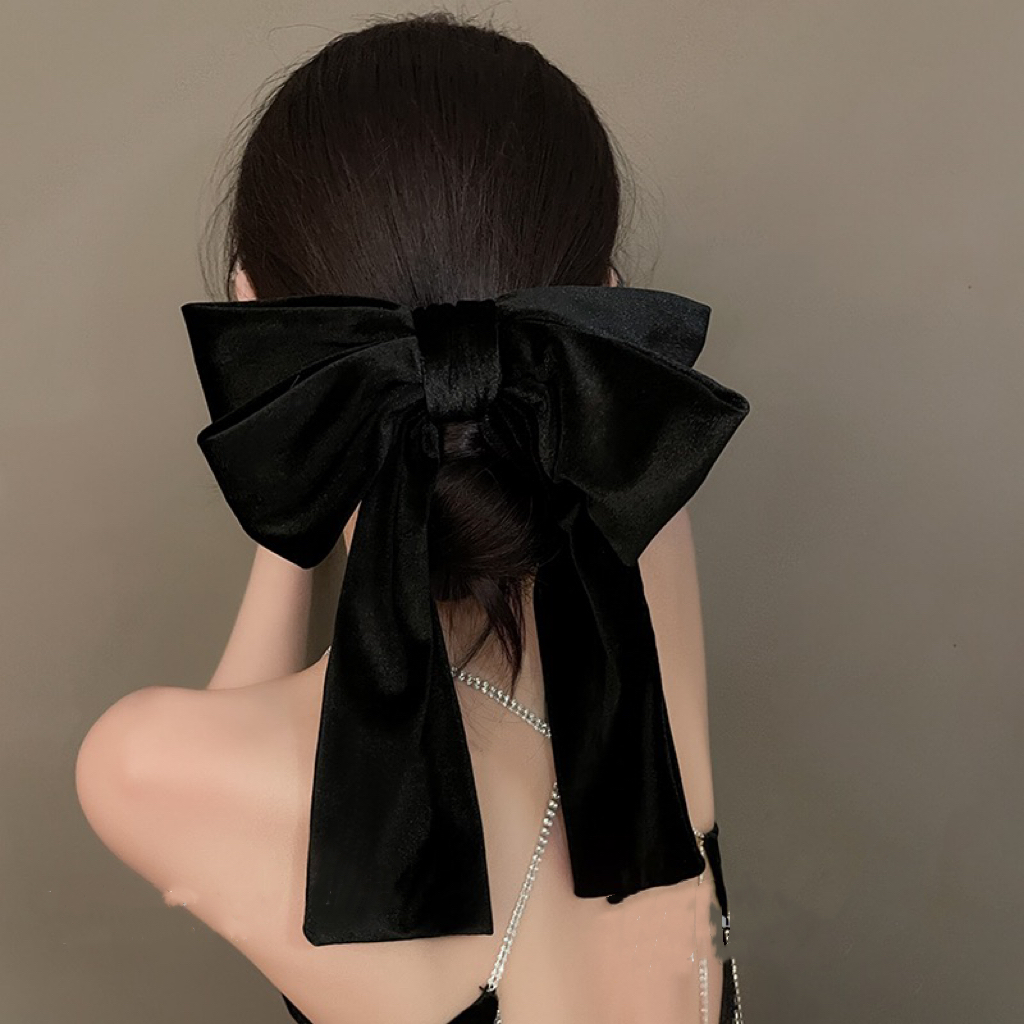 法式轻奢黑色丝绒大飘带可调节设计多层大蝴蝶结发夹弹簧夹