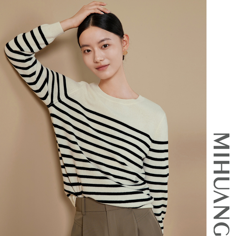 米皇圆领100纯山羊绒女衫条纹上衣撞色套头针织522118