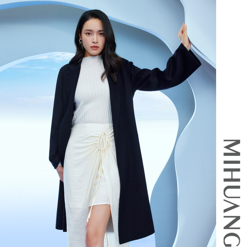 MIHUANG/米皇女士翻领中长款系带羊绒大衣659006