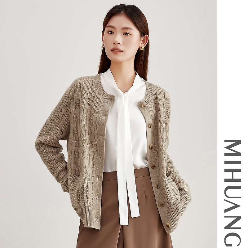 MIHUANG/米皇100山羊绒圆领厚款提花女开衫542512