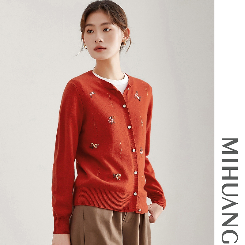 MIHUANG/米皇100山羊绒圆领绣花复古羊绒女开衫542514