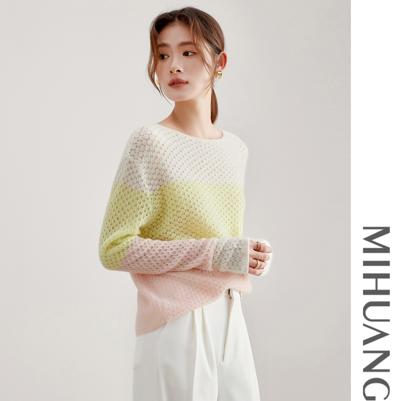 MIHUANG/米皇100山羊绒圆领一字领镂空彩条落肩袖长袖女衫542682