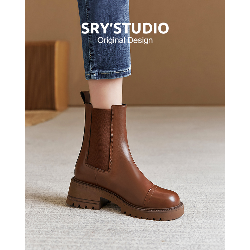 K0835牛皮高跟切尔西女靴2024秋冬英伦风时尚免系带洋气女士短靴