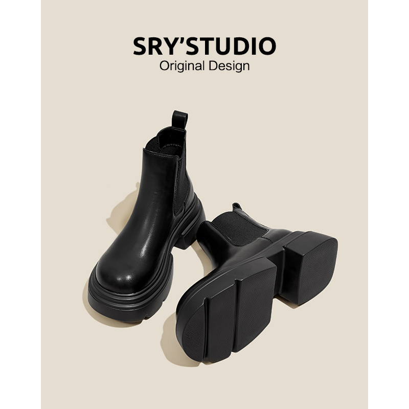 CZ6923牛皮英伦风厚底切尔西短靴女棕色烟筒靴2024冬季新款马丁靴