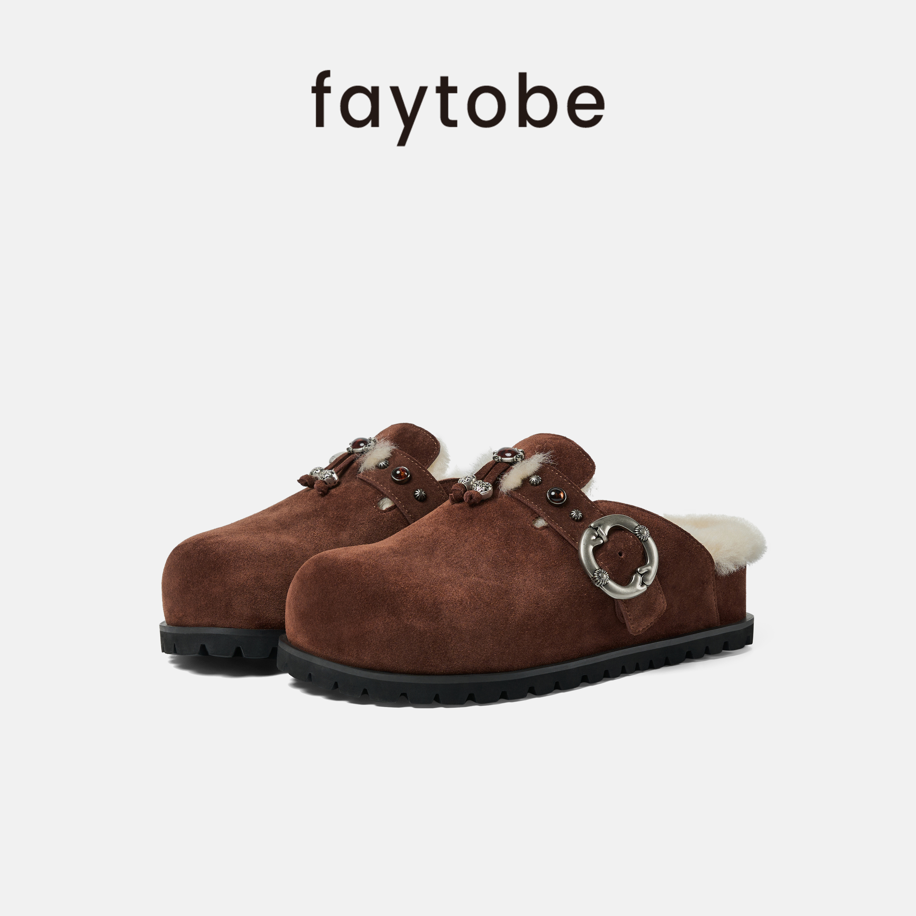 faytobe“银璨”毛毛勃肯鞋秋民族饰扣圆头加绒厚底毛拖反绒单鞋