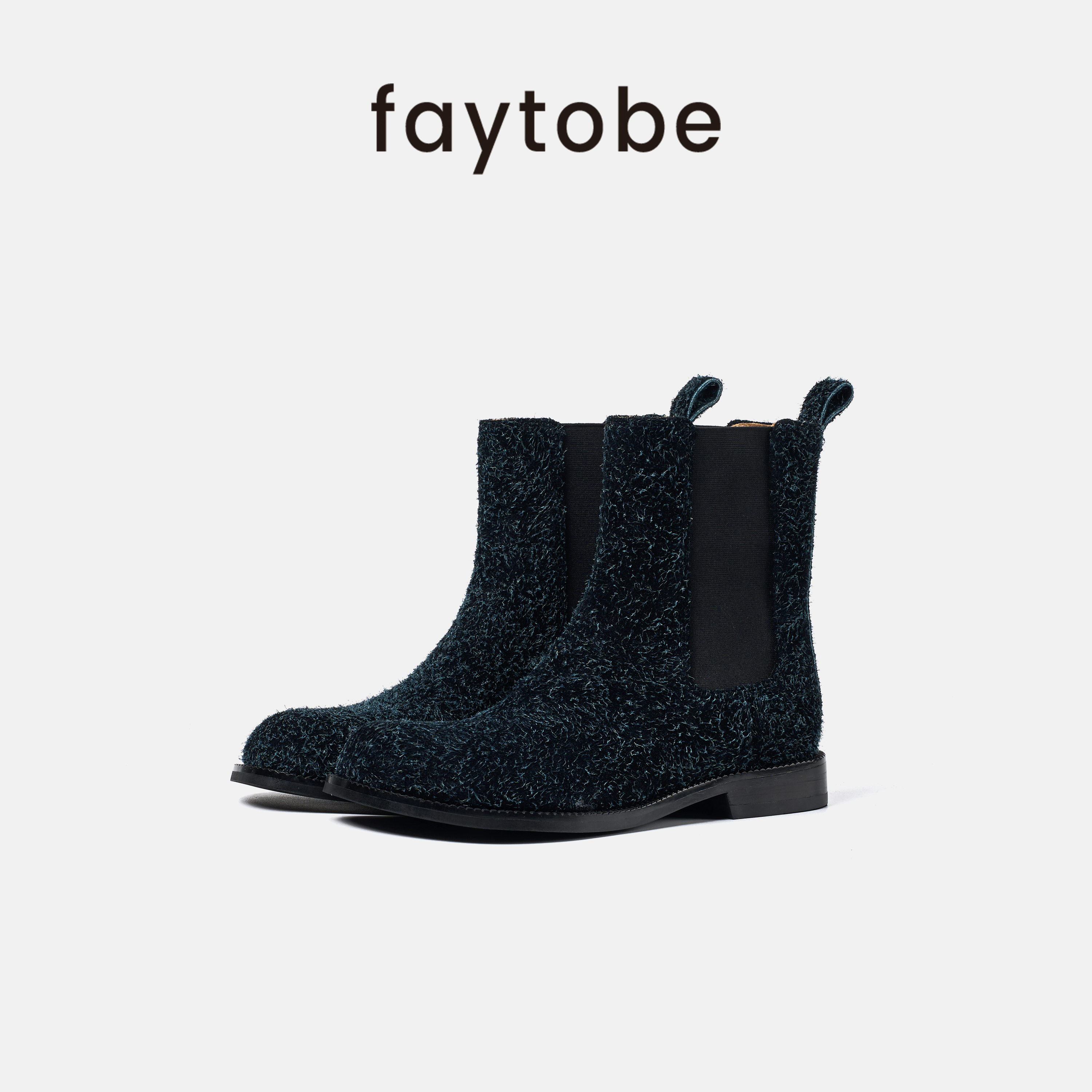 faytobe雪花长毛切尔西靴秋冬大头舒适中筒靴低跟耐穿牛皮短靴