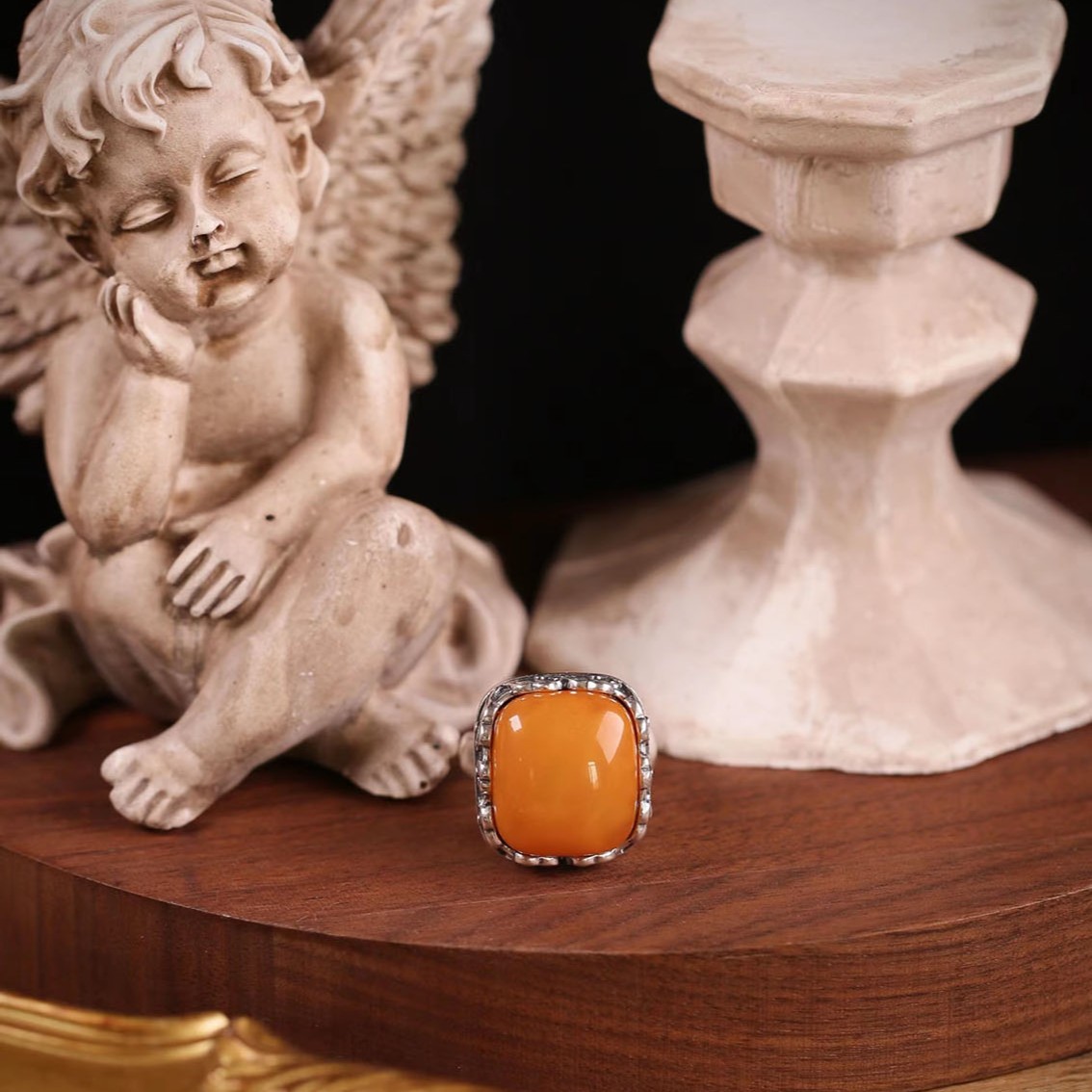 福li款 俄罗斯老蜜蜡祥云方戒s925镶嵌裸石