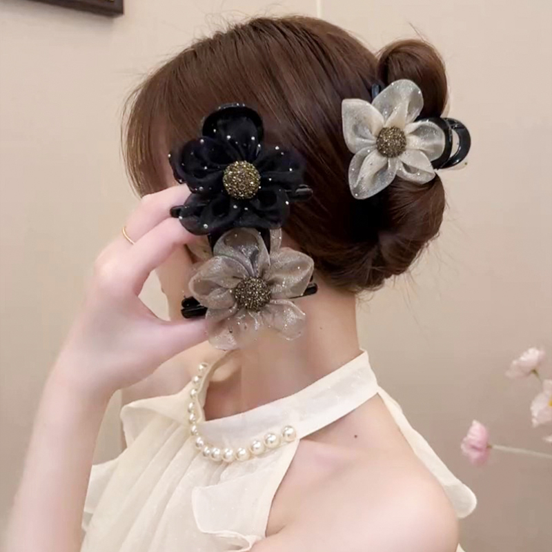 高端网纱水钻花朵抓夹女2024新款马尾夹后脑勺鲨鱼夹半扎发夹头饰
