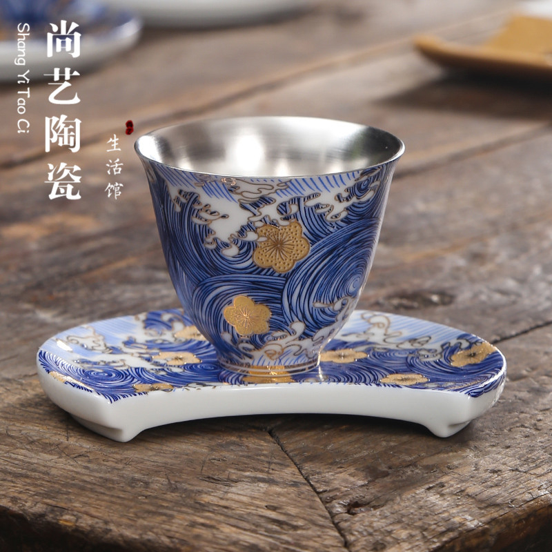 银茶杯鎏银品茗杯茶杯垫纯银功夫茶具主人杯单杯茶盏礼品茶具套装