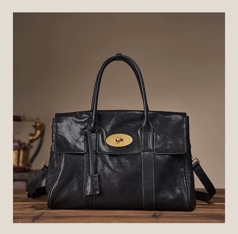 松支【木兰】系列水晶植鞣牛皮手工复古大容量公文包手提包