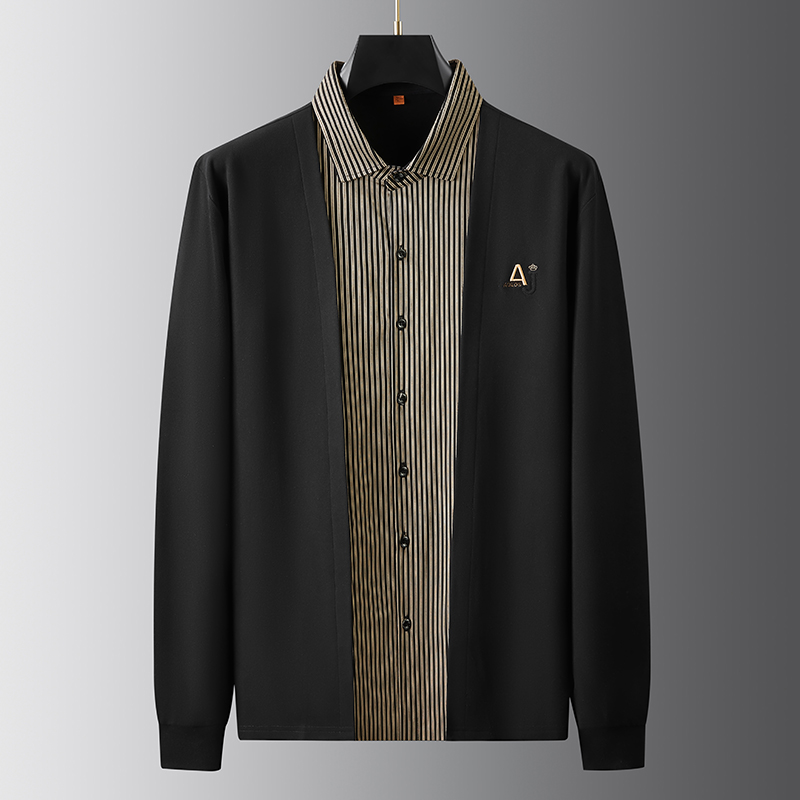 大码男士竖条纹长袖开衫式假两件商务休闲内搭加肥加大秋季款T恤