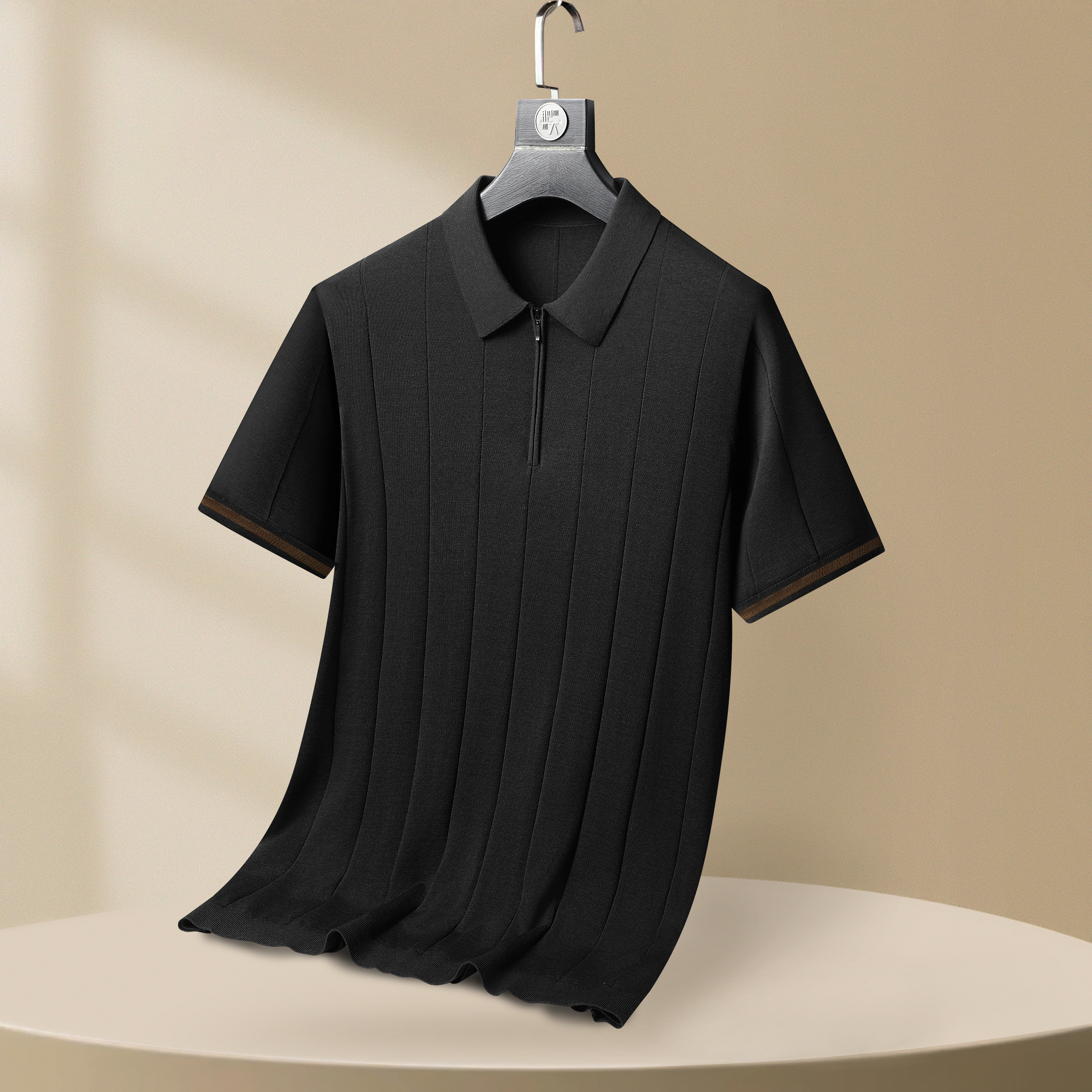 大码男士夏季桑蚕丝拉链领竖条纹针织短袖翻领Polo衫