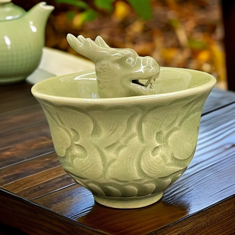 【微瑕矿点】耀州窑手工刻花青瓷菊纹/牡丹龙头公道杯国工厂老货