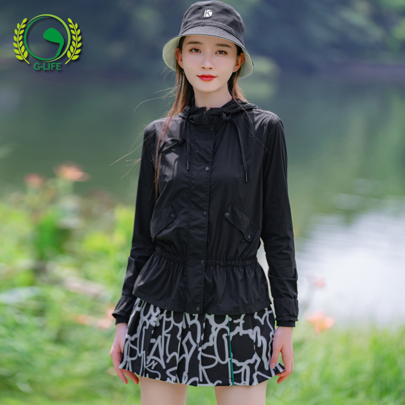 高尔夫服装女拉链防嗮外套黑色收腰显瘦连帽女装风衣运动休闲上衣