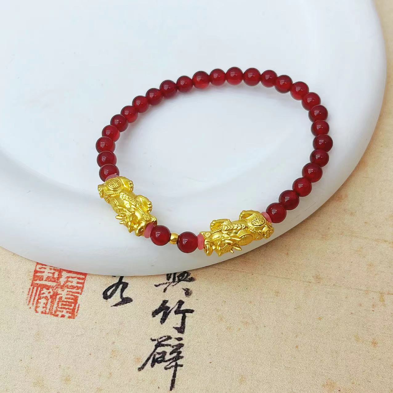 【杰哥专属】足金24K黄金金珠柿子红玛瑙双貔貅手串（标配证书）G46