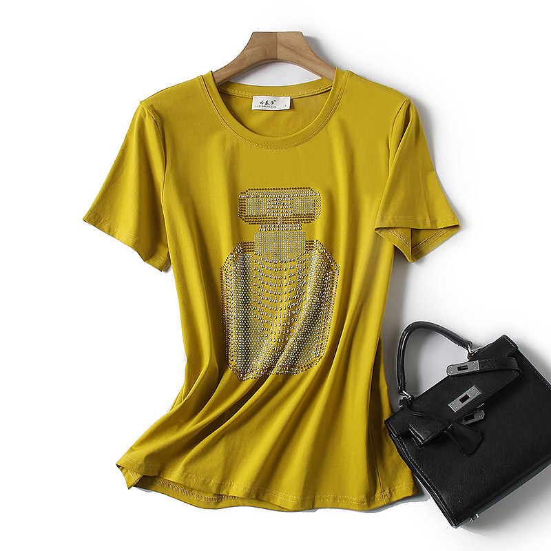 欧货夏季短袖t恤冰瓷棉镶钻圆领小衫中年妈妈装宽松大码上衣胖MM