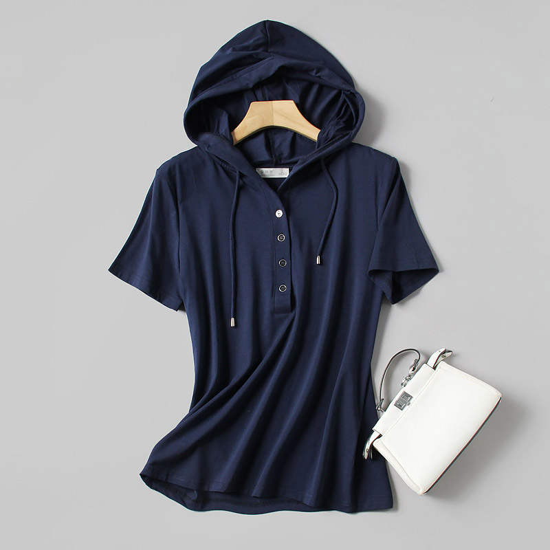 2025夏季纯色连帽短袖T恤宽松大码女装显瘦中年妈妈装百搭体恤衫