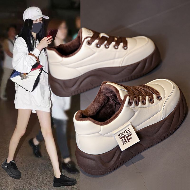 红蜻蜓牌加绒厚底面包鞋女2023冬季新款百搭软皮休闲鞋加棉保暖小