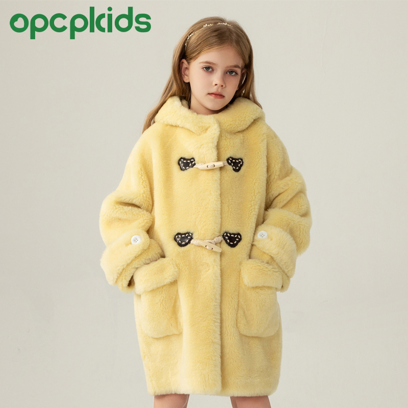 OPCP羊羔毛一体大衣秋冬新款女童装中大儿童羊羔毛外套中长款6605