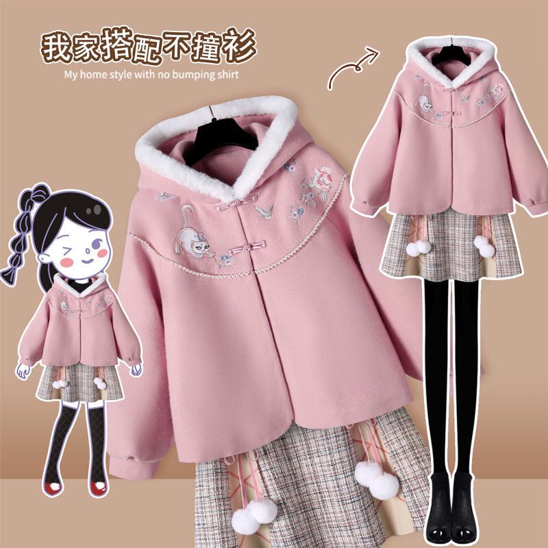 中国风女童套装冬款拜年服中大童洋气加绒卫衣格子裙两件套国潮女