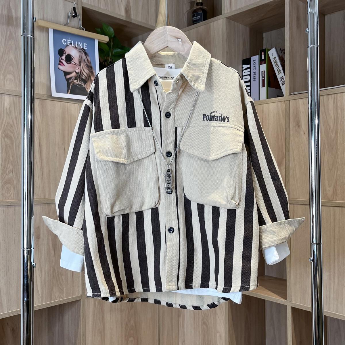 男童工装风衬衫外套儿童春秋条纹大口袋休闲韩版长袖秋季外穿内搭