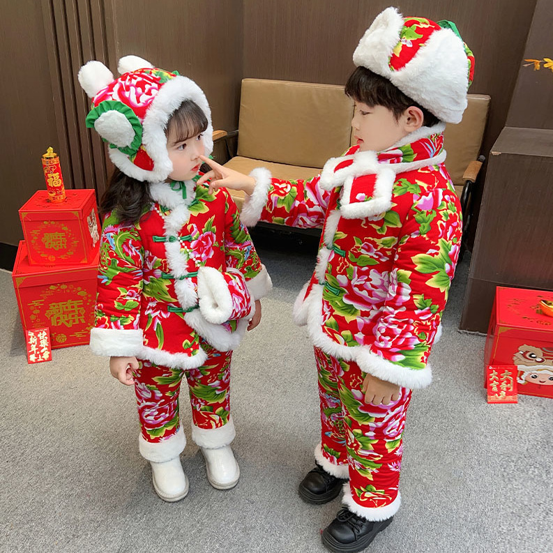 东北大花棉袄儿童套装宝宝冬季棉服女童拜年男童过年衣服棉衣棉裤