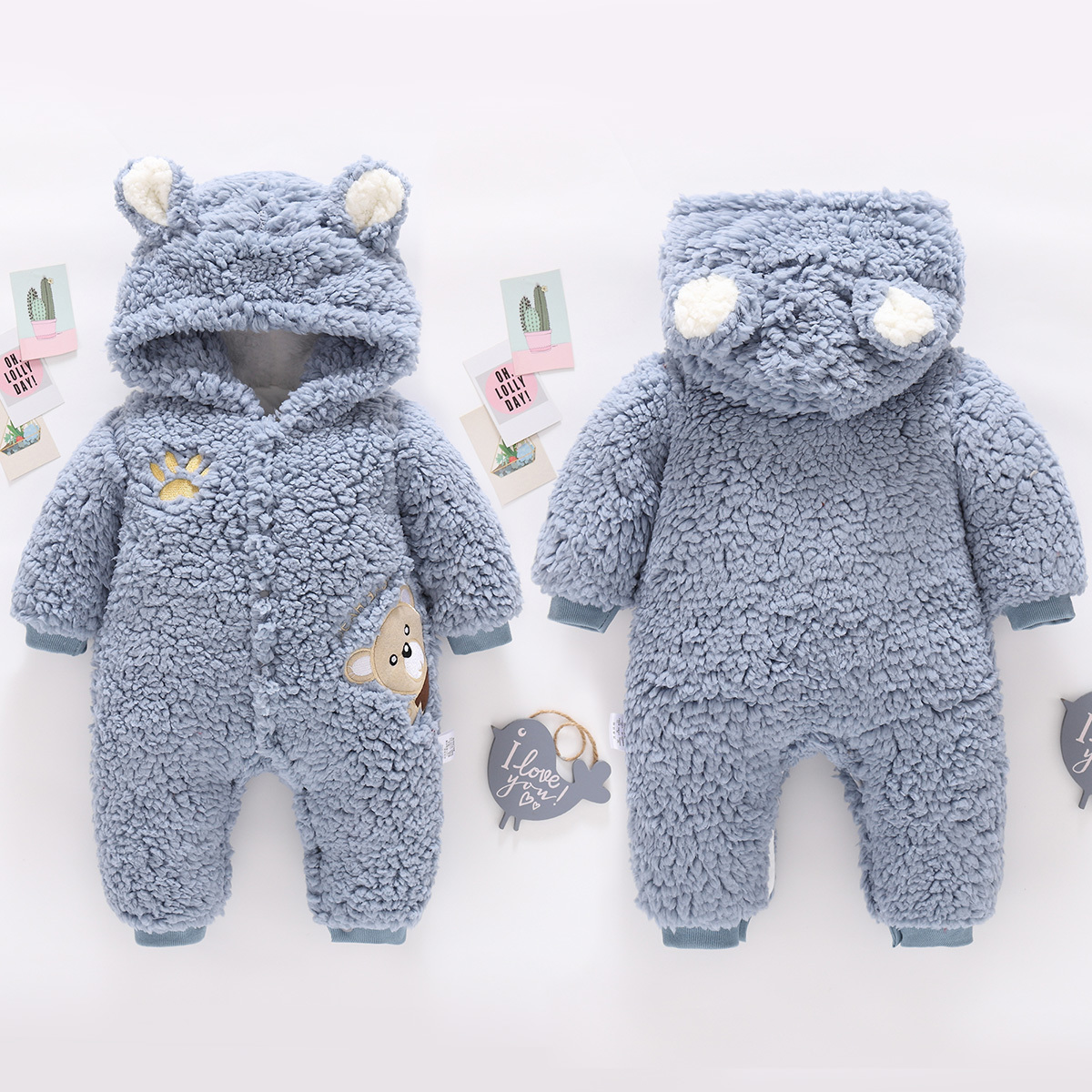 婴儿秋冬季不包脚三层加厚绒连体衣爬服外出宝宝服新生儿防寒超萌