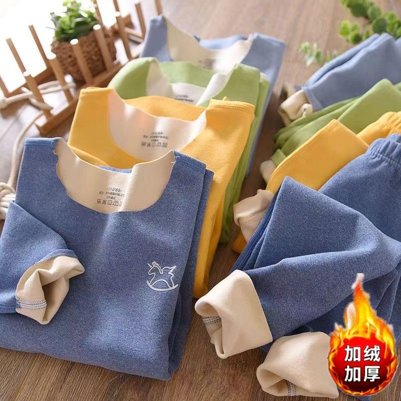 双面德绒发热无痕秋衣秋裤男女孩中大童加绒睡衣儿童保暖内衣套装