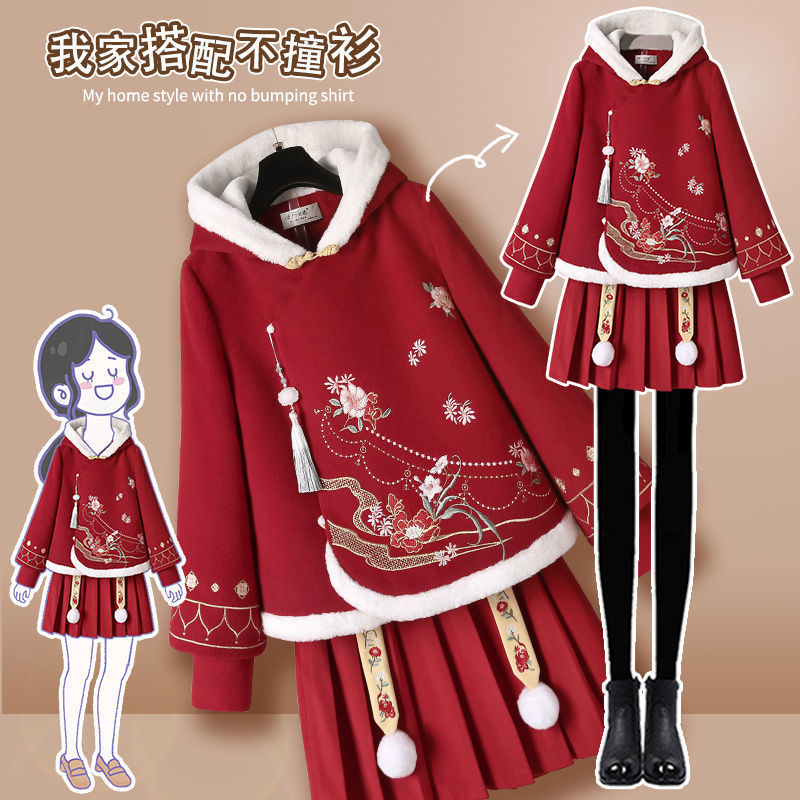 女童秋冬装学院风拜年服中国风新款中大儿童过年汉服加绒套装裙潮