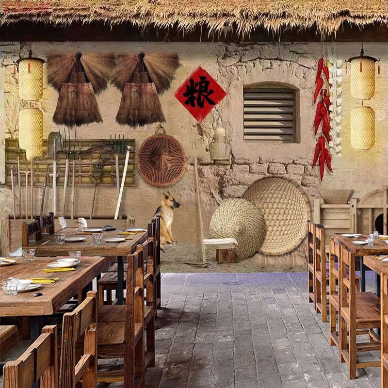 特色农家乐简约墙纸怀旧土菜馆餐厅墙布火锅店复古壁纸地锅鸡壁画