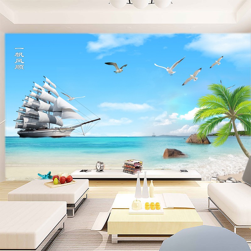 8D地中海一帆风顺墙纸蓝天白云沙滩大海景船椰树沙发客厅装饰壁画