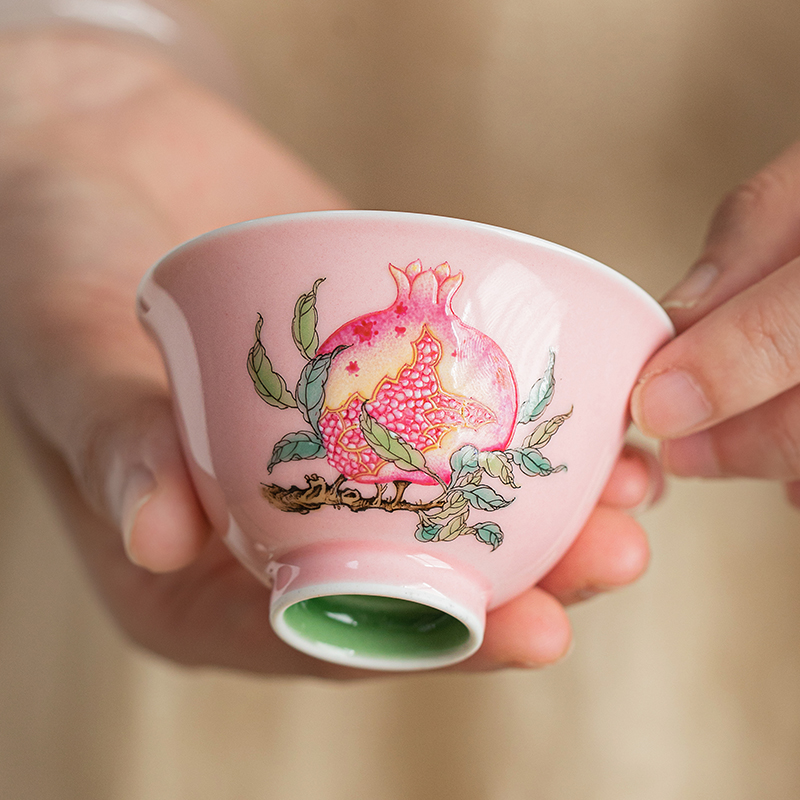 一思堂陶瓷主人杯景德镇纯手绘手工粉彩桃红石榴功夫茶个人小单杯
