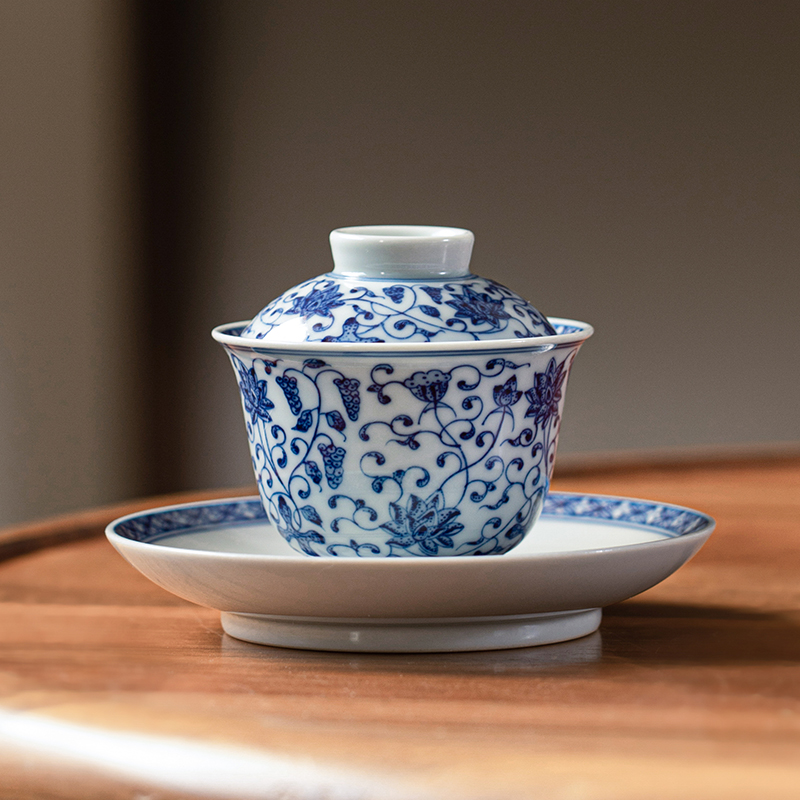 一思堂茶盖碗景德镇复古手工手绘柴窑青花点工缠枝莲纹三才盖碗