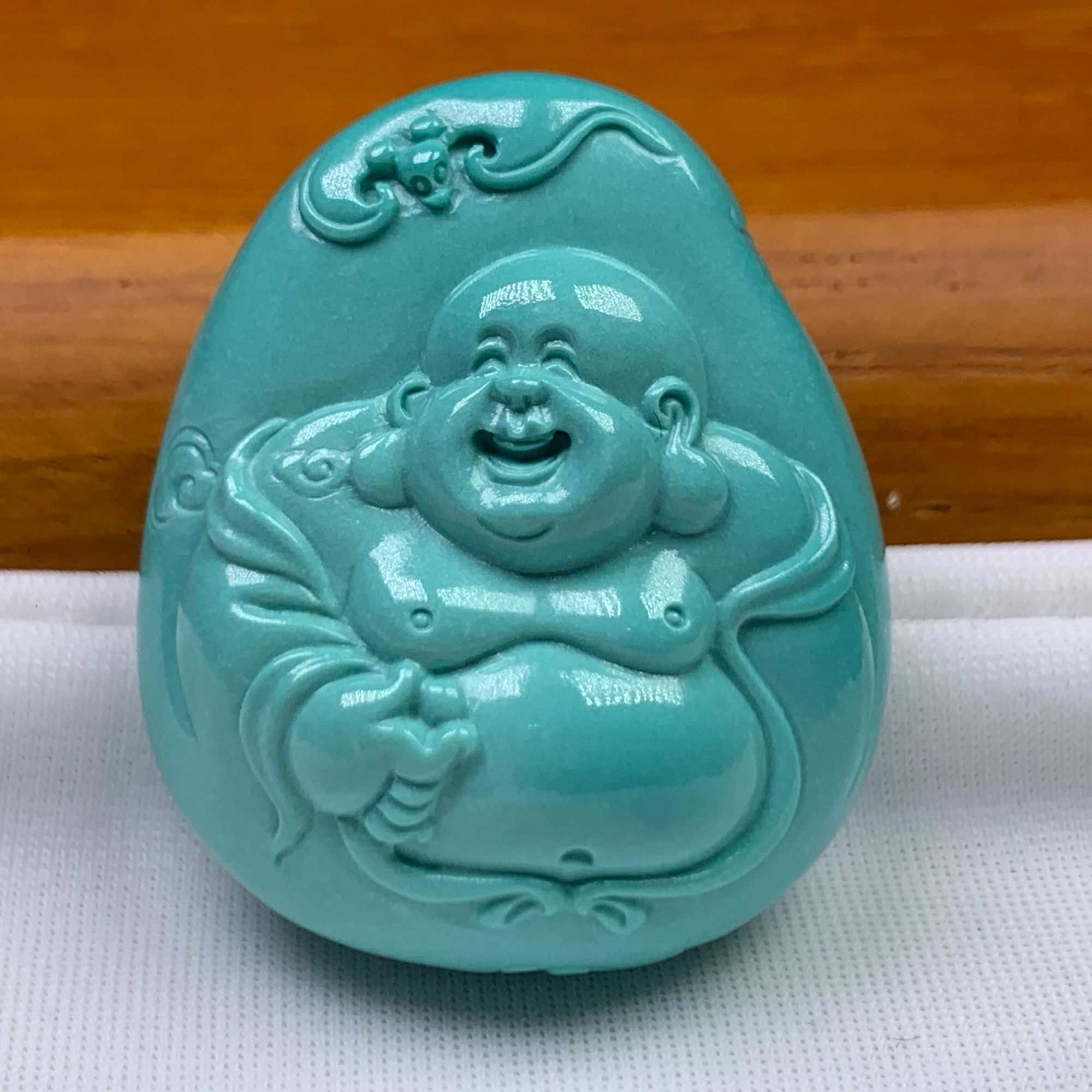 湖北天然原矿绿松石高瓷釉级玉化料料质细腻弥勒佛10g