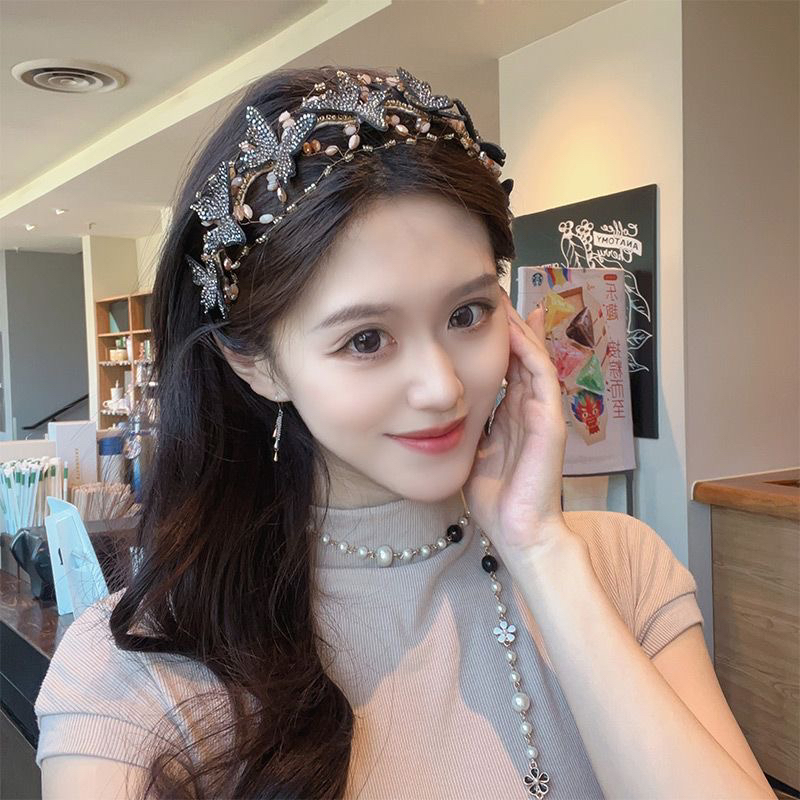 韩国精致奢华水钻蝴蝶发箍纯手工水钻网状唯美仙子女宽发箍头饰