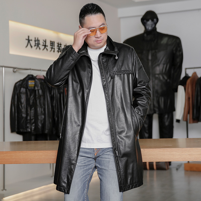 200-300斤加肥加大码男士真皮皮衣长款风衣立领休闲商务秋冬外套