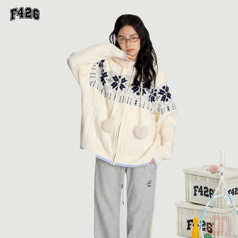 F426国潮牌秋冬时尚保暖费尔岛毛衣开衫连帽毛领冬季针织外套5954