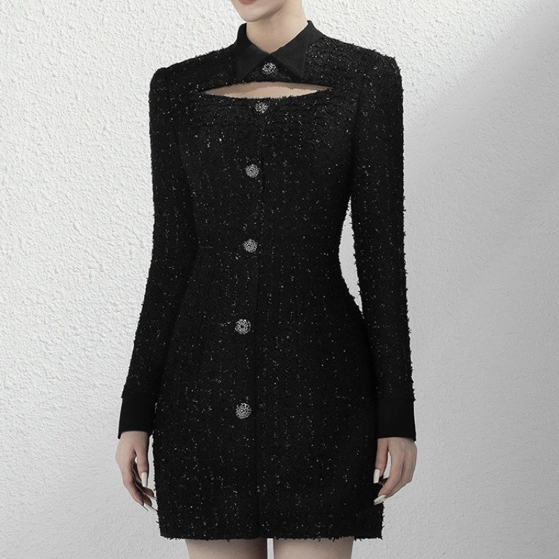 越南小众设计师品牌春季新款长袖挖胸设计毛呢连衣裙黑色气质A090