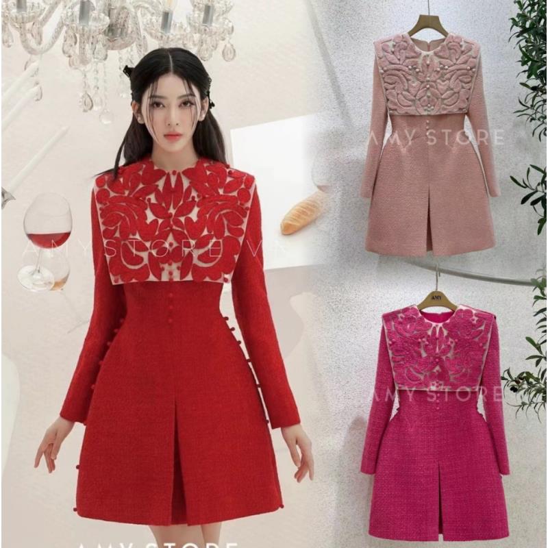 越南小众品牌新年大红色披肩领小香粗花毛呢越南小众连衣裙A050