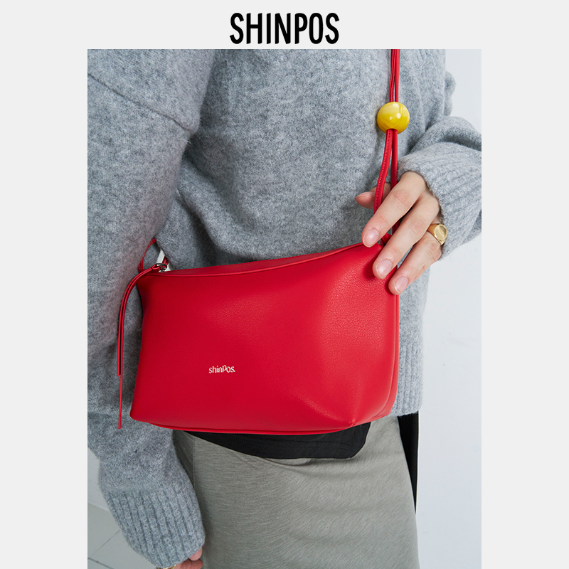 一般无趣shinpos 麦加 女红色枕头包包托特小圆包迷你单肩斜挎包