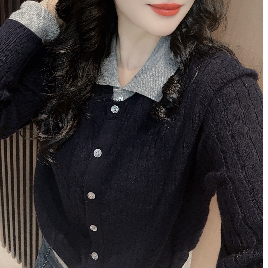 【诗菡服饰】2024新款舒适显瘦针织衫复古POLO领假两件开衫 24366