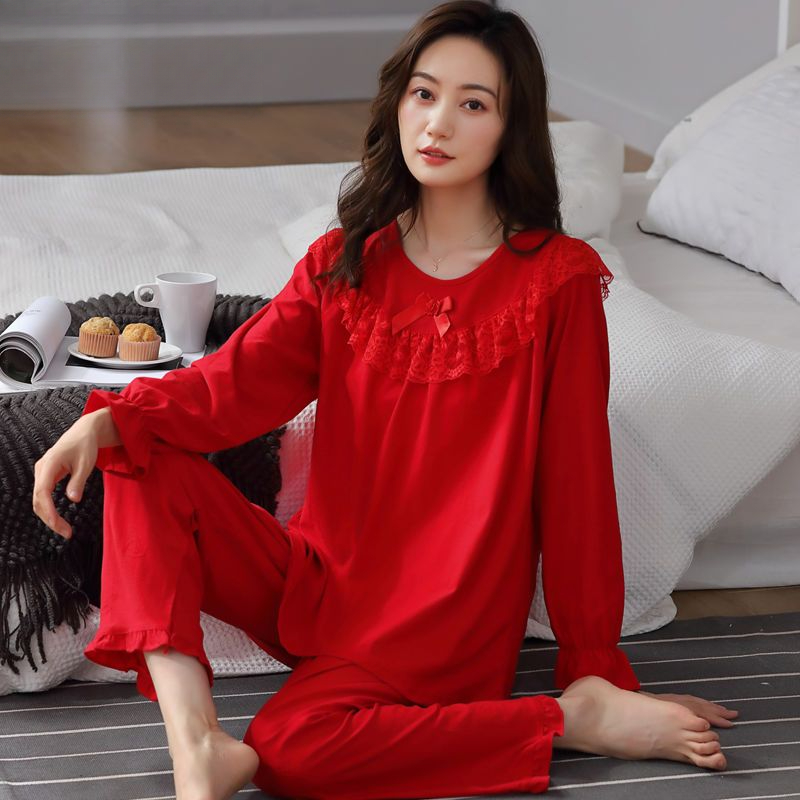 本命年纯红色睡衣女春秋季棉质长袖开衫家居服女中年开衫大码套装