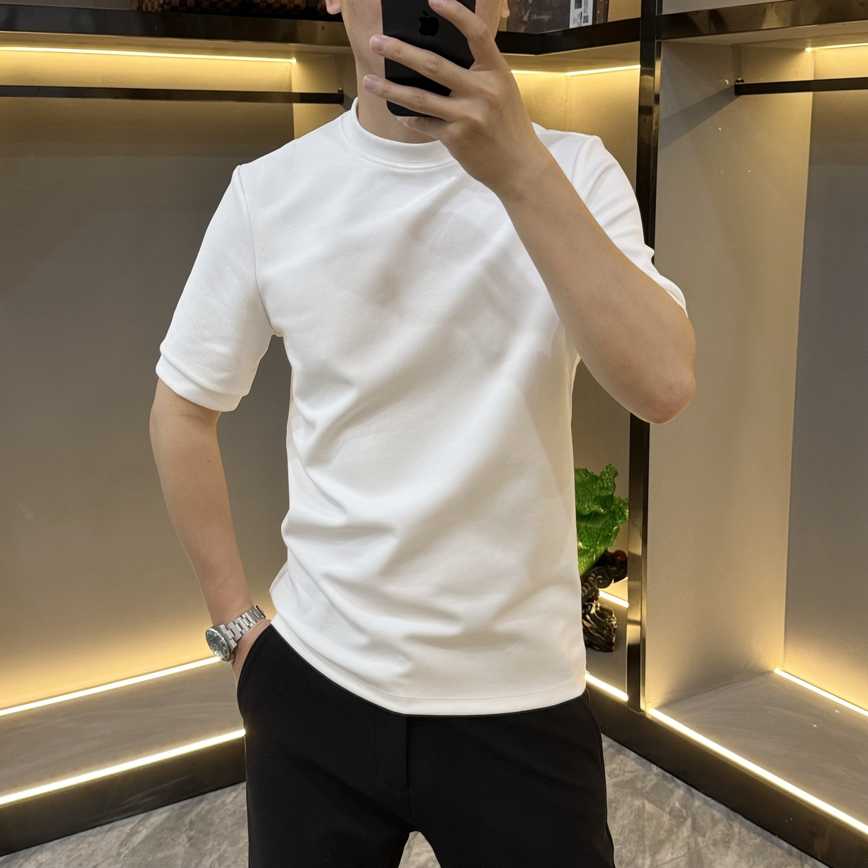 秋季新款男士纯色打底衫男士圆领修身高弹力长袖百搭休闲净版
