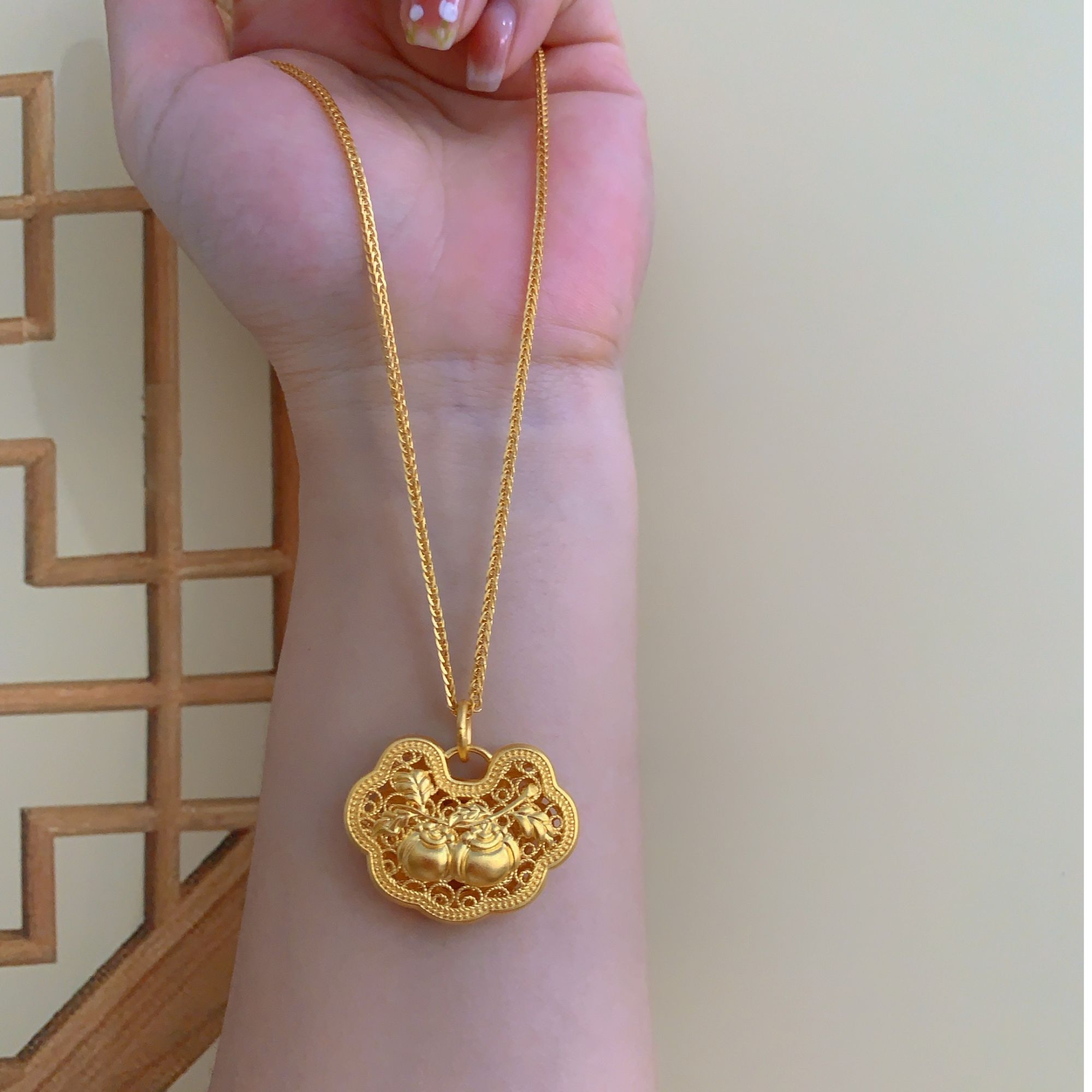 黄金 足金999 古法工艺 事事如意锁金锁 柿柿如意足金