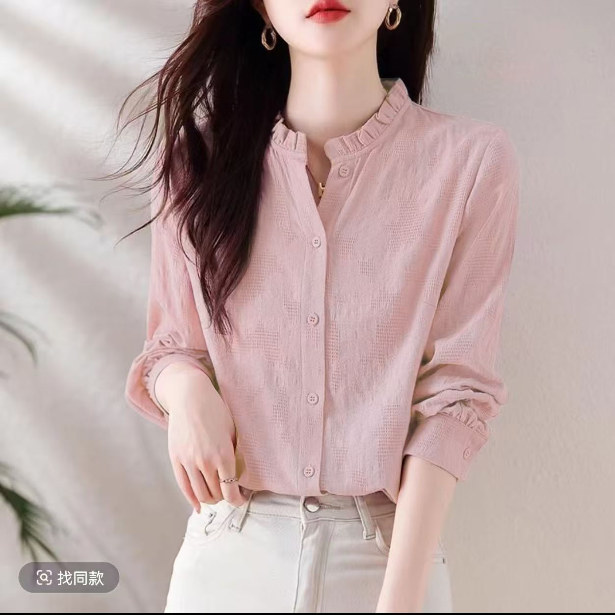 100%棉气质立领衬衫女士时尚衬衣秋冬新款显瘦长袖宽松洋气风衣