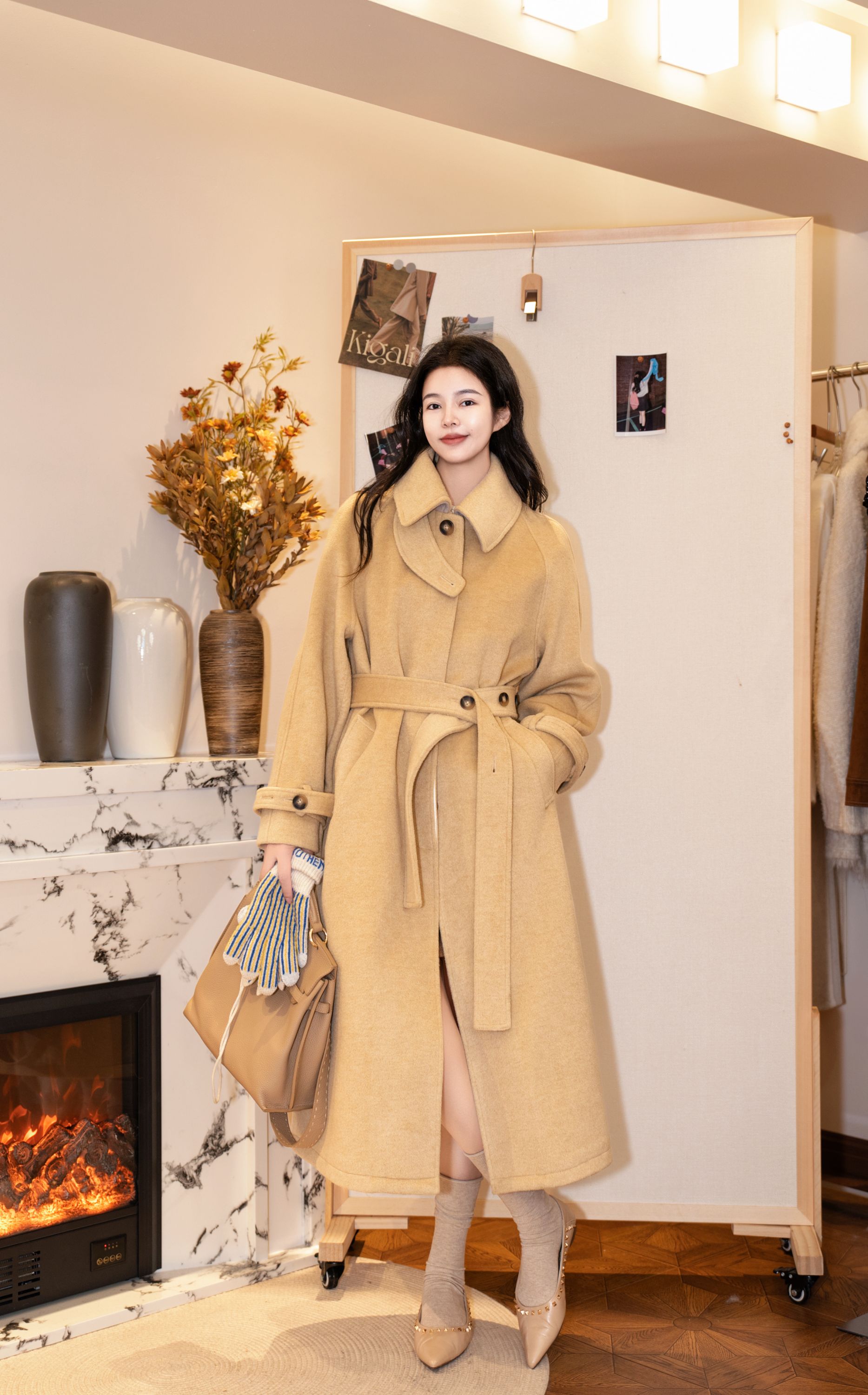 【古古】10.12新品 韩系气质腰带中长款冬装腰带高端夹棉大衣G25039