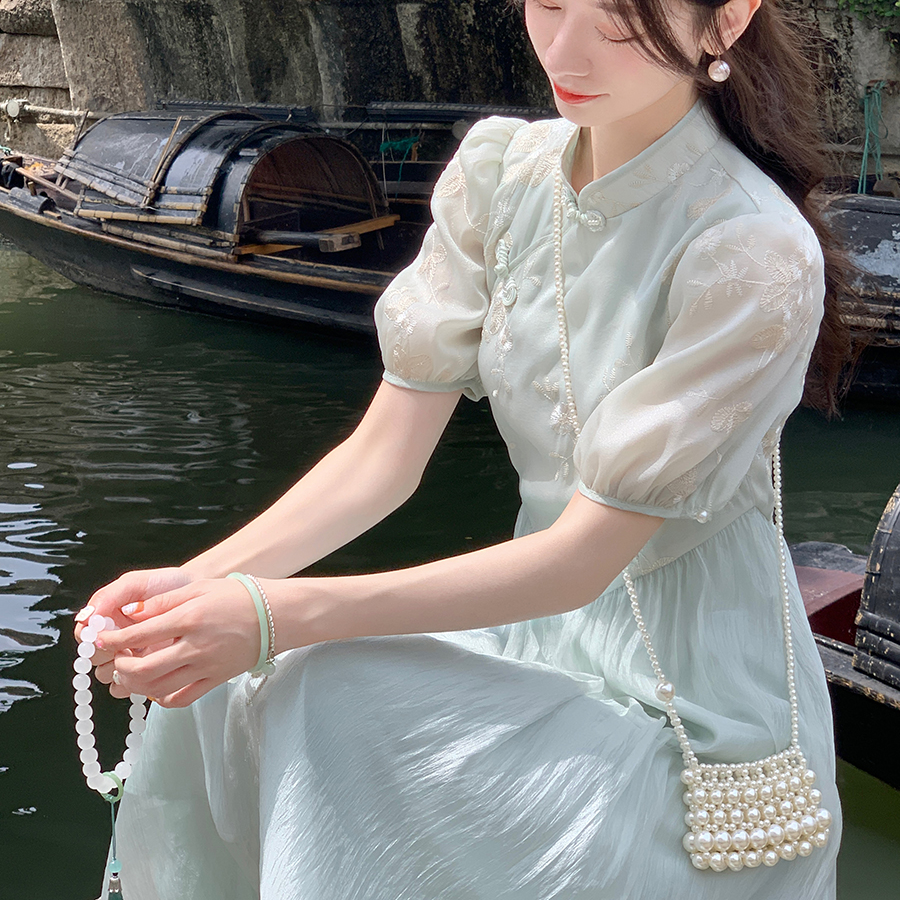 清冷感新中式连衣裙夏季盘扣蓝色收腰禅意穿搭国风日常改良旗袍裙