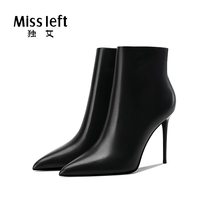 2022欧美裸靴新款黑色真皮单靴尖头细高跟鞋女春冬10cm胎牛皮短靴
